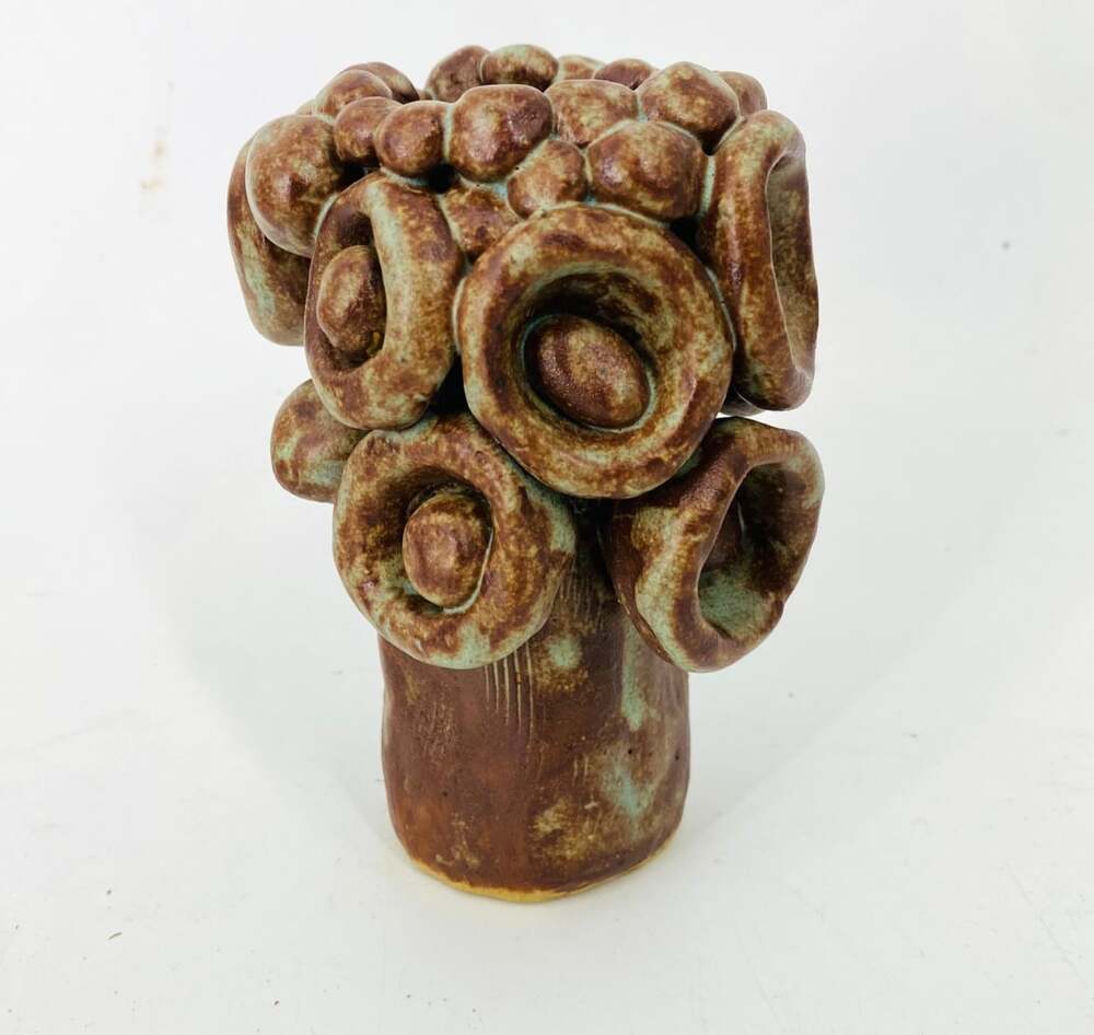 Brown Green Sculptural Studio Pottery Bud Vase 5" Organic Ceramic Brutalist
